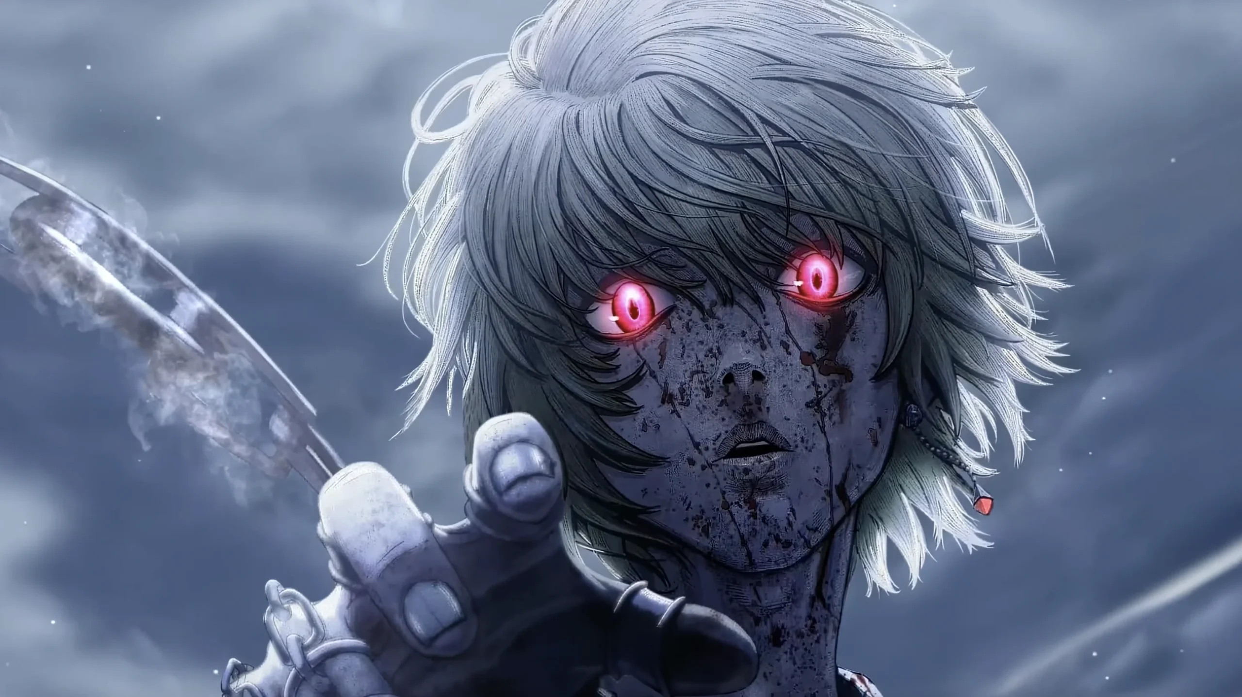 Kurapika duduk di ruang gelap, dikelilingi pangeran Kakin, dengan aura nen intens di sekelilingnya dalam Hunter x Hunter 2025