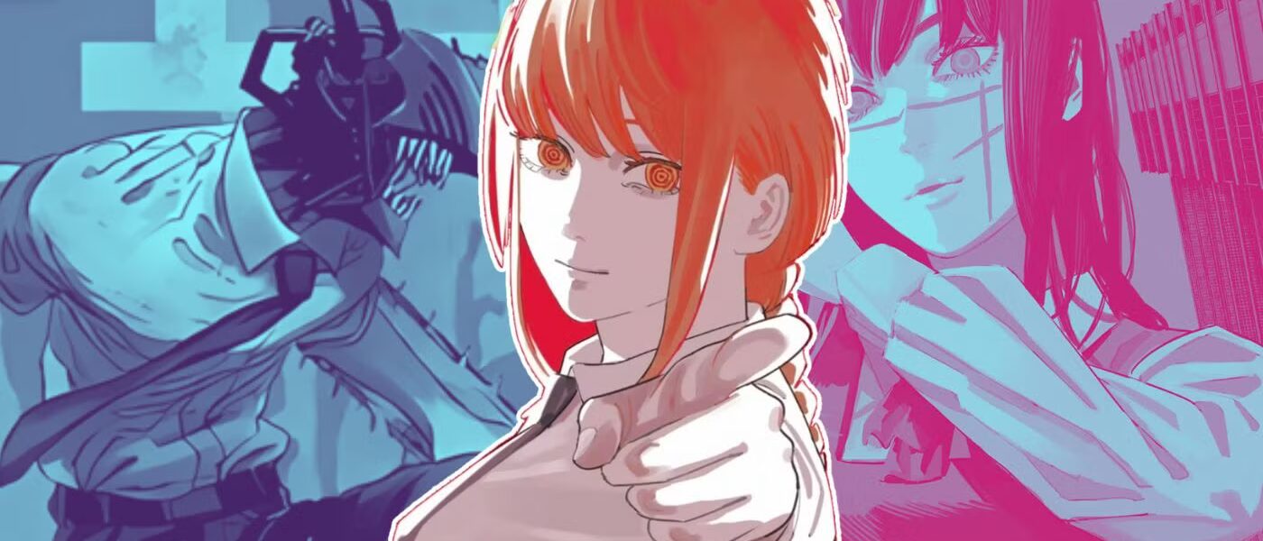 Makima Chainsaw Man menatap tajam dengan senyum misterius di balik jas Public Safety