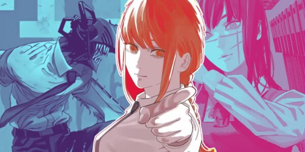 Makima Chainsaw Man menatap tajam dengan senyum misterius di balik jas Public Safety