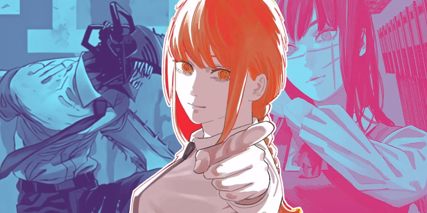 Makima Chainsaw Man menatap tajam dengan senyum misterius di balik jas Public Safety