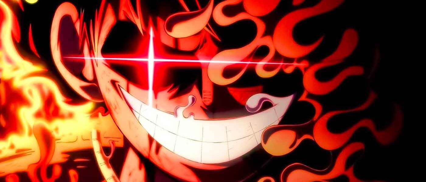Luffy dalam wujud Gear 5 berdiri di atas tengkorak raksasa, disinari cahaya matahari — simbol Joy Boy One Piece 2025