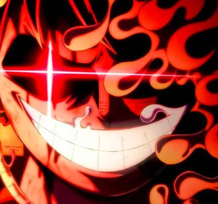 Luffy dalam wujud Gear 5 berdiri di atas tengkorak raksasa, disinari cahaya matahari — simbol Joy Boy One Piece 2025
