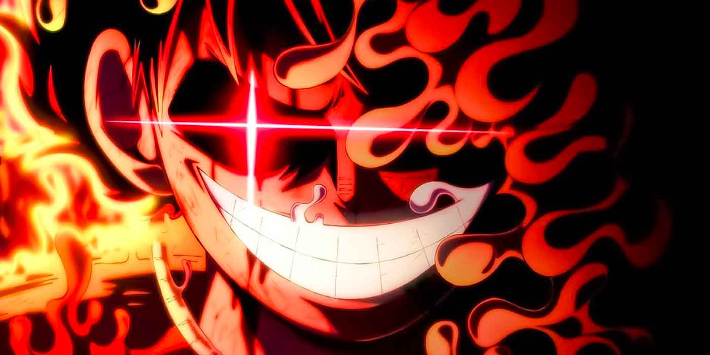 Luffy dalam wujud Gear 5 berdiri di atas tengkorak raksasa, disinari cahaya matahari — simbol Joy Boy One Piece 2025