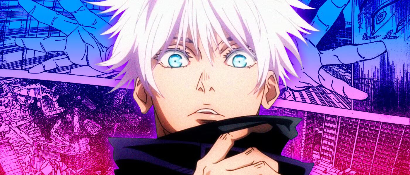 Gojo Satoru menatap dengan mata Six Eyes dalam scene Jujutsu Kaisen (keyword: Gojo Satoru Jujutsu Kaisen)