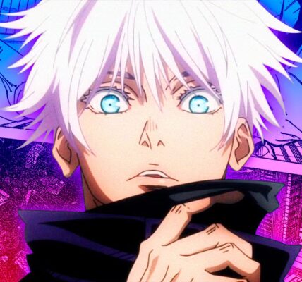 Gojo Satoru menatap dengan mata Six Eyes dalam scene Jujutsu Kaisen (keyword: Gojo Satoru Jujutsu Kaisen)