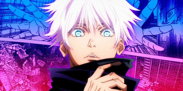 Gojo Satoru menatap dengan mata Six Eyes dalam scene Jujutsu Kaisen (keyword: Gojo Satoru Jujutsu Kaisen)
