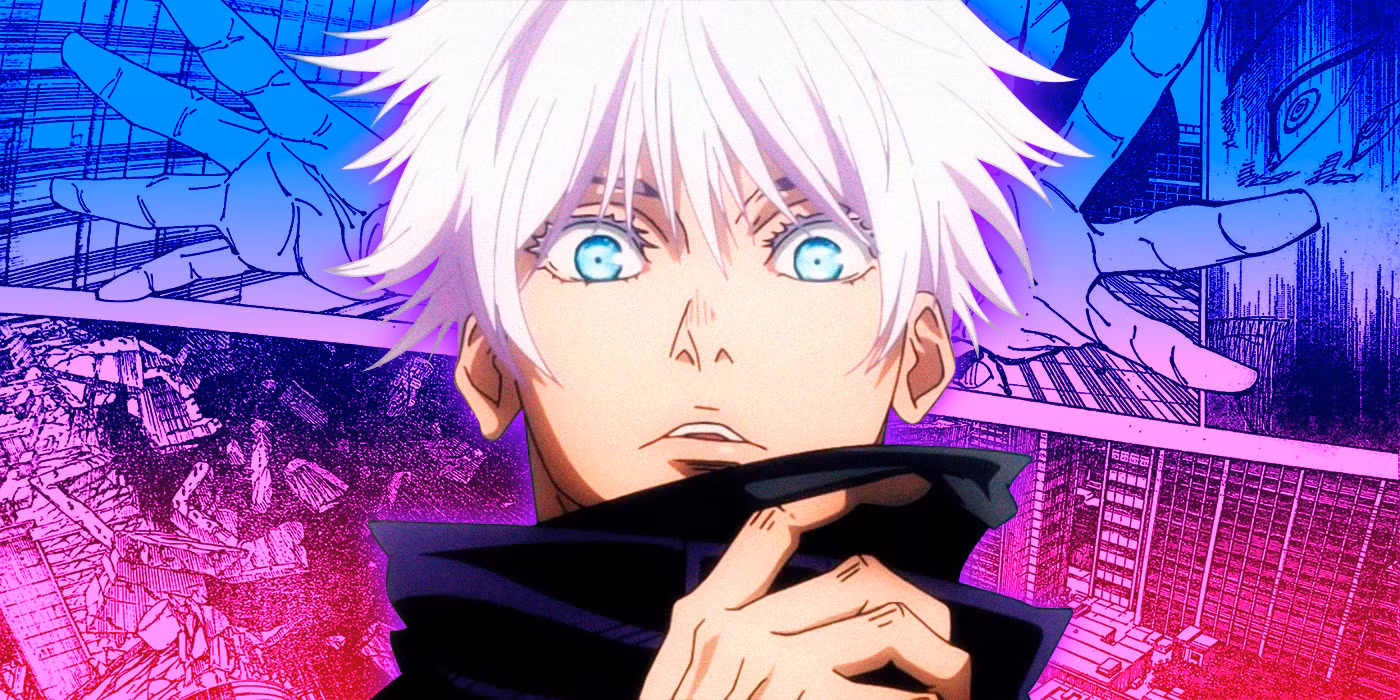 Gojo Satoru menatap dengan mata Six Eyes dalam scene Jujutsu Kaisen (keyword: Gojo Satoru Jujutsu Kaisen)