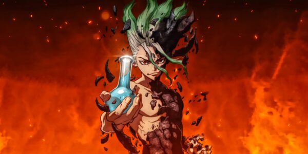Senku berdiri di atas kapal ilmiah dengan bendera Kingdom of Science berkibar di tengah lautan Dr. Stone 2025