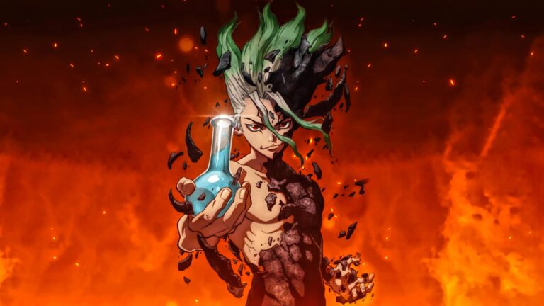 Senku berdiri di atas kapal ilmiah dengan bendera Kingdom of Science berkibar di tengah lautan Dr. Stone 2025