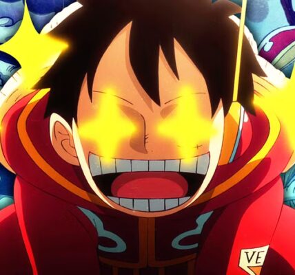 Luffy Gear 5 tertawa di tengah ledakan Egghead dengan Gorosei berdiri di atas kapal perang — simbol pertarungan final One Piece 2025