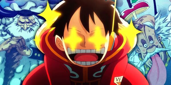 Luffy Gear 5 tertawa di tengah ledakan Egghead dengan Gorosei berdiri di atas kapal perang — simbol pertarungan final One Piece 2025