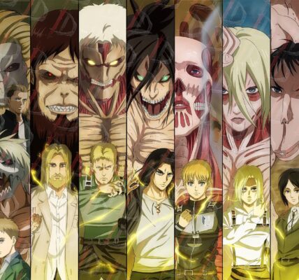 Siluet 7 Titan Shifter berdiri membelakangi, dengan latar belakang Paths berwarna merah gelap — simbol kehancuran dan takdir di Attack on Titan 2025