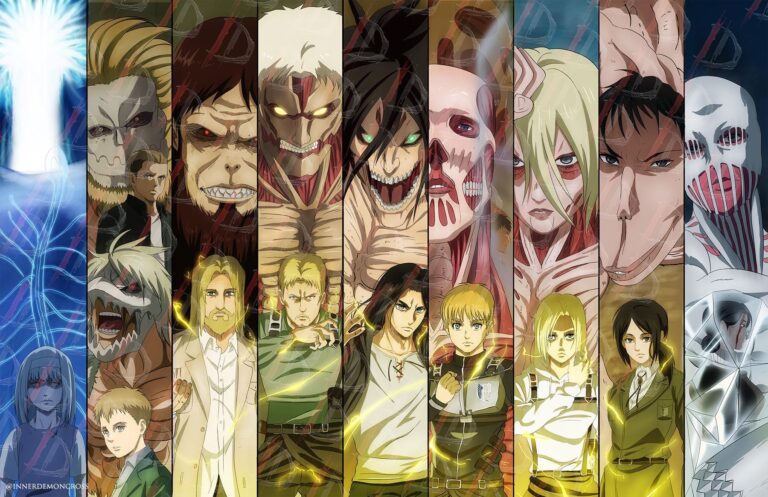 Siluet 7 Titan Shifter berdiri membelakangi, dengan latar belakang Paths berwarna merah gelap — simbol kehancuran dan takdir di Attack on Titan 2025