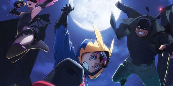 Koichi berdiri di atas gedung bertirai lampu malam, mengenakan hoodie dan masker, siap membantu diam-diam di My Hero Academia: Vigilantes 2025