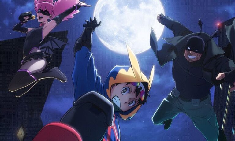 Koichi berdiri di atas gedung bertirai lampu malam, mengenakan hoodie dan masker, siap membantu diam-diam di My Hero Academia: Vigilantes 2025