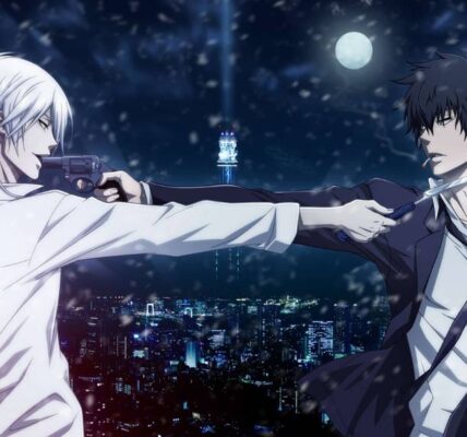 Akane dan Kogami berdiri di tengah reruntuhan kota futuristik, dengan Dominator menyala biru di tangan — simbol moralitas dalam Psycho-Pass 2025