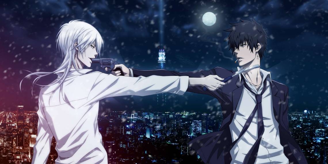 Akane dan Kogami berdiri di tengah reruntuhan kota futuristik, dengan Dominator menyala biru di tangan — simbol moralitas dalam Psycho-Pass 2025
