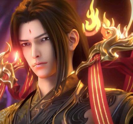 Xiao Yan berdiri di atas kawah api raksasa dengan api surgawi melingkar di tangannya — simbol kekuatan barunya di Battle Through the Heavens 2025