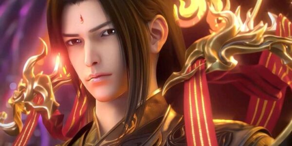 Xiao Yan berdiri di atas kawah api raksasa dengan api surgawi melingkar di tangannya — simbol kekuatan barunya di Battle Through the Heavens 2025
