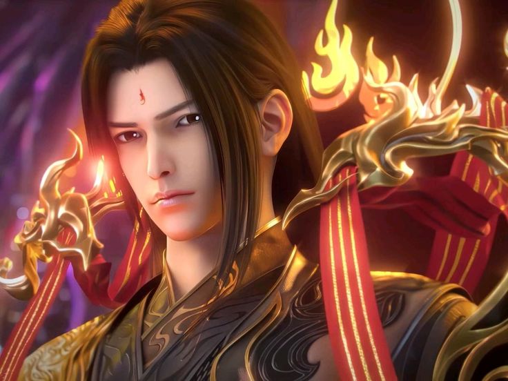 Xiao Yan berdiri di atas kawah api raksasa dengan api surgawi melingkar di tangannya — simbol kekuatan barunya di Battle Through the Heavens 2025