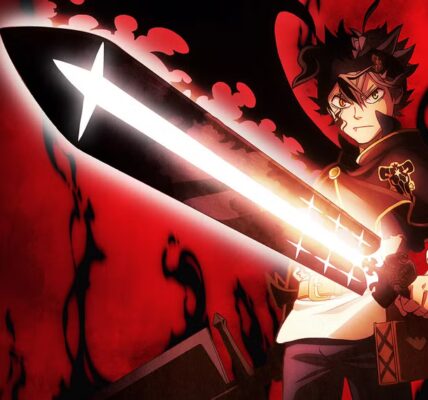 Asta berdiri di puncak tebing Hino dengan pedang anti-magic dan energi Zetten membara di tangan — simbol perlawanan di Black Clover 2025