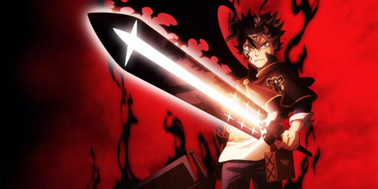 Asta berdiri di puncak tebing Hino dengan pedang anti-magic dan energi Zetten membara di tangan — simbol perlawanan di Black Clover 2025