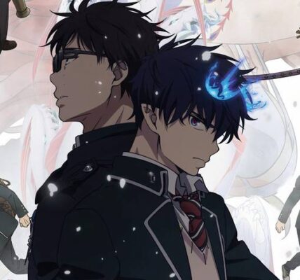Rin dan Yukio berdiri membelakangi satu sama lain dengan latar api biru dan kota terbakar — simbol konflik saudara di Blue Exorcist 2025