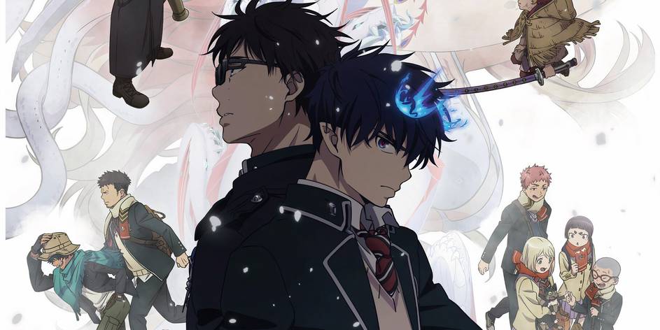 Rin dan Yukio berdiri membelakangi satu sama lain dengan latar api biru dan kota terbakar — simbol konflik saudara di Blue Exorcist 2025