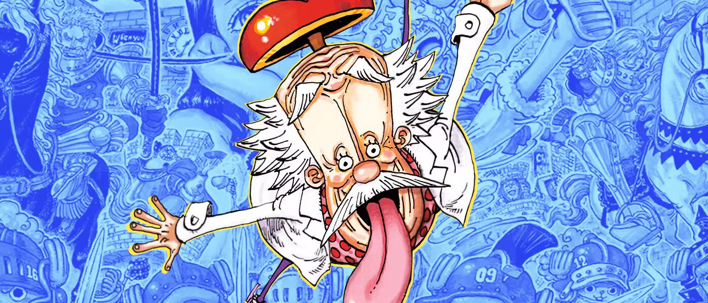 Vegapunk berdiri di depan Ancient Robot dengan Poneglyph di latar belakang, sementara bayangan Joy Boy tertulis di langit — simbol warisan di Void Century One Piece 2025
