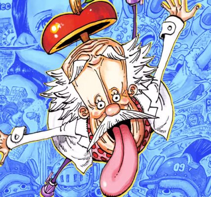 Vegapunk berdiri di depan Ancient Robot dengan Poneglyph di latar belakang, sementara bayangan Joy Boy tertulis di langit — simbol warisan di Void Century One Piece 2025