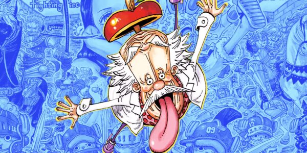 Vegapunk berdiri di depan Ancient Robot dengan Poneglyph di latar belakang, sementara bayangan Joy Boy tertulis di langit — simbol warisan di Void Century One Piece 2025