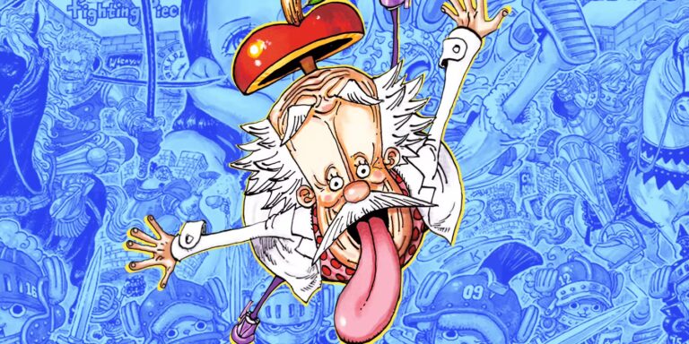 Vegapunk berdiri di depan Ancient Robot dengan Poneglyph di latar belakang, sementara bayangan Joy Boy tertulis di langit — simbol warisan di Void Century One Piece 2025