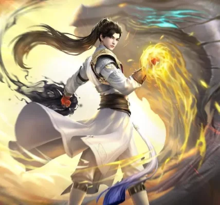 Shi Hao berdiri di tengah ledakan cahaya spiritual, mengenakan jubah suci, di atas altar batu langit — simbol kekuatan sejati Perfect World 2025