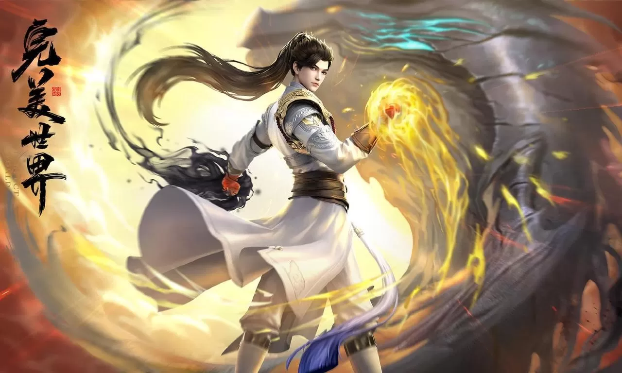 Shi Hao berdiri di tengah ledakan cahaya spiritual, mengenakan jubah suci, di atas altar batu langit — simbol kekuatan sejati Perfect World 2025