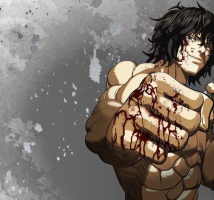 Tokita Ohma bersimbah darah berdiri di tengah arena baja dengan mata menyala merah — simbol pertarungan terakhir di Kengan Ashura 2025