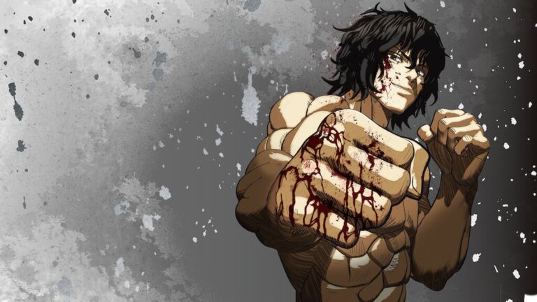 Tokita Ohma bersimbah darah berdiri di tengah arena baja dengan mata menyala merah — simbol pertarungan terakhir di Kengan Ashura 2025