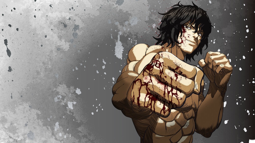 Tokita Ohma bersimbah darah berdiri di tengah arena baja dengan mata menyala merah — simbol pertarungan terakhir di Kengan Ashura 2025