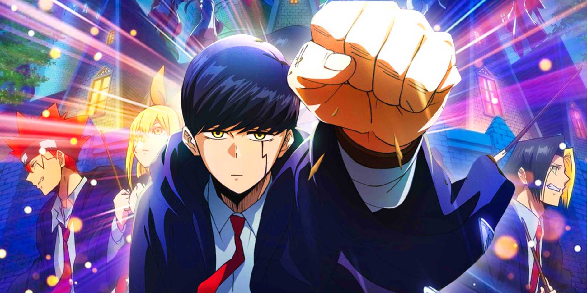 Mash Burnedead menghancurkan pilar mantra dengan tinju kosong sambil tetap pegang cream puff — simbol kekuatan dan absurditas Mashle 2025