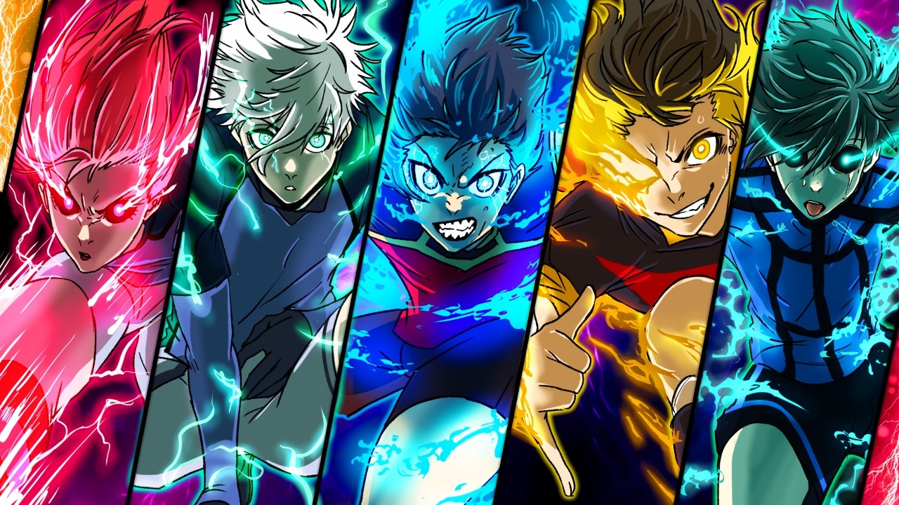 Isagi, Rin, dan Nagi berdiri di tiga stadion berbeda dengan aura biru menyala — simbol Neo Egoist League di Blue Lock 2025