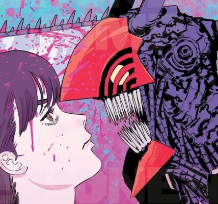 Asa dan Yoru berdiri berdampingan di atap sekolah dengan cahaya senja menyinari, Denji mengintip dari belakang pagar — simbol konflik batin Chainsaw Man Part 2 2025