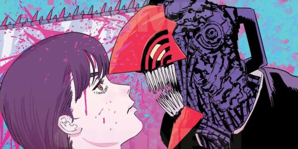 Asa dan Yoru berdiri berdampingan di atap sekolah dengan cahaya senja menyinari, Denji mengintip dari belakang pagar — simbol konflik batin Chainsaw Man Part 2 2025