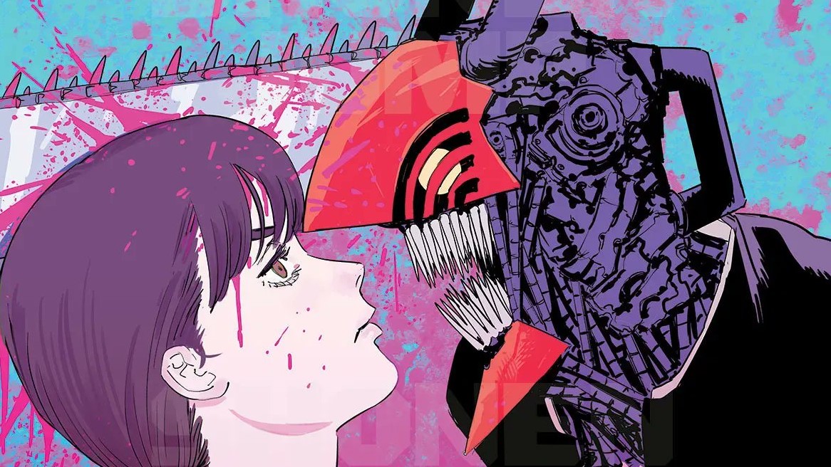 Asa dan Yoru berdiri berdampingan di atap sekolah dengan cahaya senja menyinari, Denji mengintip dari belakang pagar — simbol konflik batin Chainsaw Man Part 2 2025