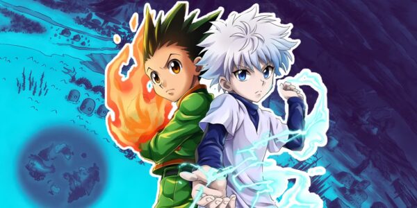 Siluet kapal ekspedisi menuju Dark Continent, dengan bayangan Kurapika dan Ging berdiri di dek, dan monster raksasa mengintai dari kabut — simbol kengerian Hunter x Hunter 2025