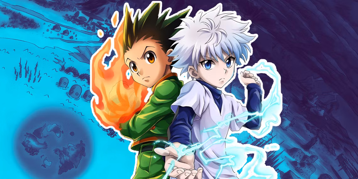Siluet kapal ekspedisi menuju Dark Continent, dengan bayangan Kurapika dan Ging berdiri di dek, dan monster raksasa mengintai dari kabut — simbol kengerian Hunter x Hunter 2025