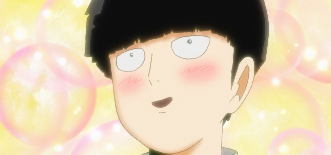 Mob tersenyum tenang sambil melihat langit senja, dengan siluet Reigen di belakangnya — simbol akhir dan awal baru di Mob Psycho 100 2025