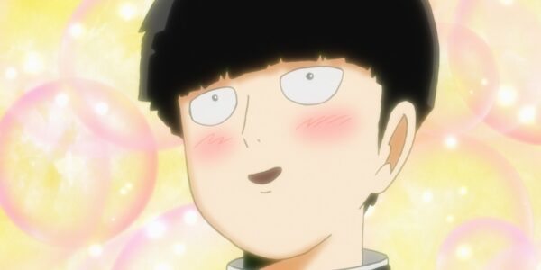 Mob tersenyum tenang sambil melihat langit senja, dengan siluet Reigen di belakangnya — simbol akhir dan awal baru di Mob Psycho 100 2025