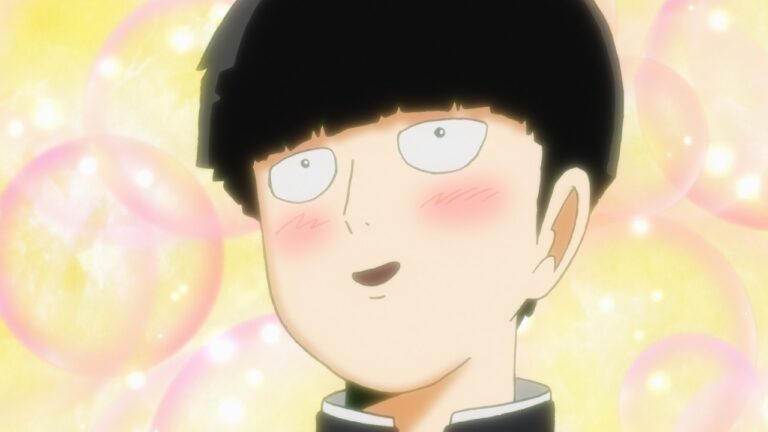 Mob tersenyum tenang sambil melihat langit senja, dengan siluet Reigen di belakangnya — simbol akhir dan awal baru di Mob Psycho 100 2025