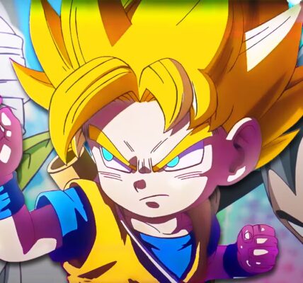 Goku kecil tersenyum dengan tongkat nyambung di punggung, berdiri di atas awan kinton, dengan langit merah — simbol petualangan baru di Dragon Ball Daima 2025