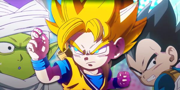 Goku kecil tersenyum dengan tongkat nyambung di punggung, berdiri di atas awan kinton, dengan langit merah — simbol petualangan baru di Dragon Ball Daima 2025