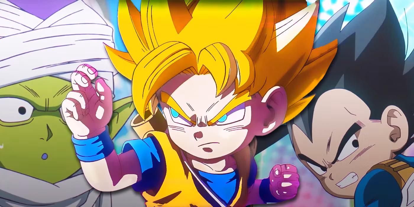 Goku kecil tersenyum dengan tongkat nyambung di punggung, berdiri di atas awan kinton, dengan langit merah — simbol petualangan baru di Dragon Ball Daima 2025